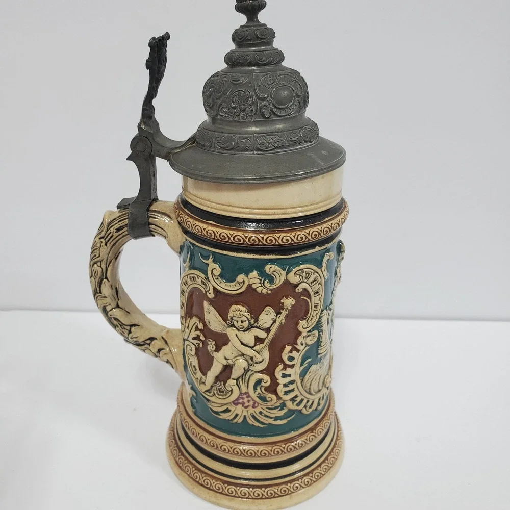 Vintage German Beer Stein Relief Ceramic Pewter Lid 364
